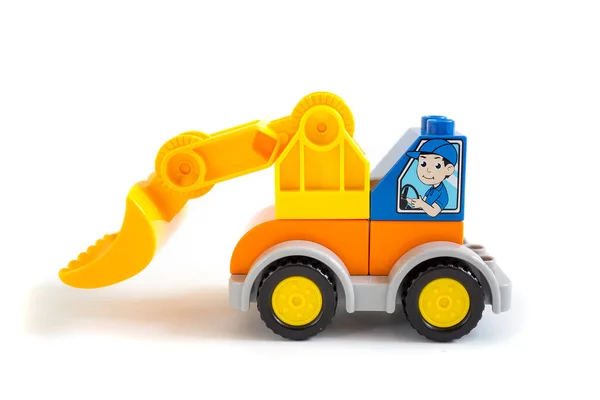 Bulldozer Plastic Speelgoed Met Oranje Universele Kling Geïsoleerd Witte Achtergrond — Stockfoto