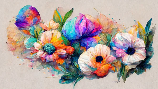 Πολύχρωμα Λουλούδια Ακουαρέλα Φόντο Ταπετσαρία — Φωτογραφία Αρχείου