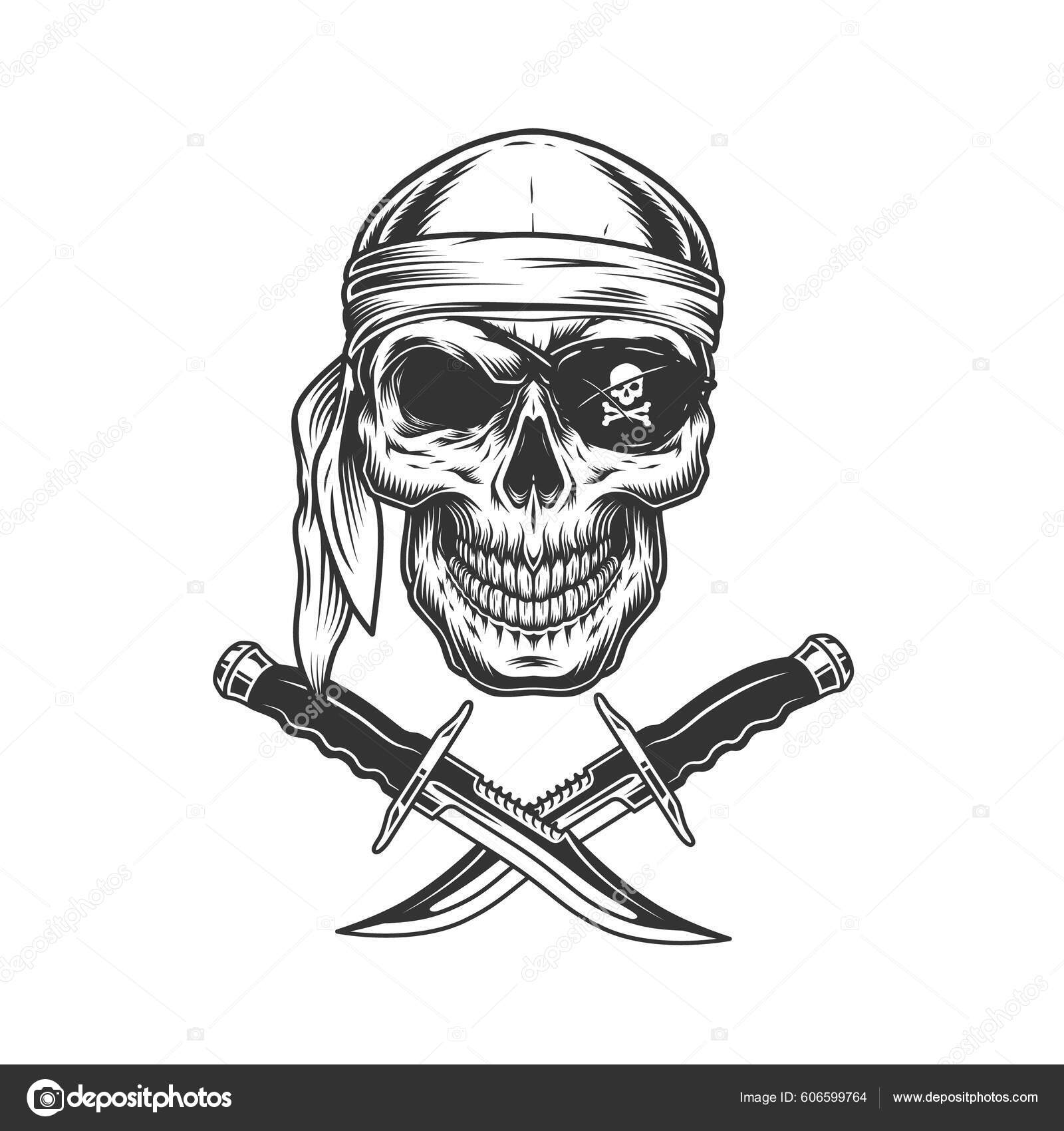 Skull Bandana Eye Patch Crossed Knives Vintage Monochrome Style