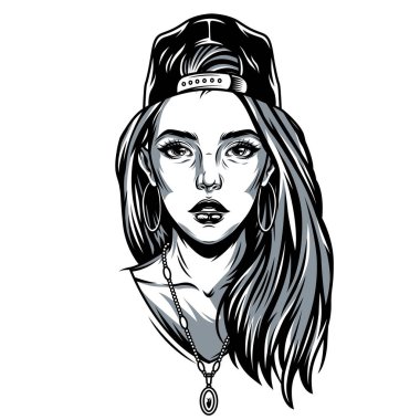 Vintage pretty girl in baseball cap with round earrings and necklace in monochrome style isolated vector illustration clipart