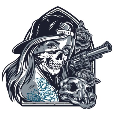 Vintage chicano girl with tattoos in baseball cap and scary mask rose flowers cat skull gun isolated vector illustration clipart