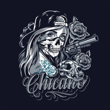 Vintage chicano style tattoo template with cat skull gun beautiful roses brass knuckles girl in scary dead mask and baseball cap on dark background isolated vector illustration clipart