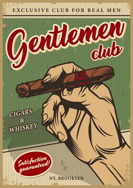 古色古香的男子俱乐部彩色海报 上面有题词和男性手拿着古巴雪茄矢量图解 — 图库矢量图片