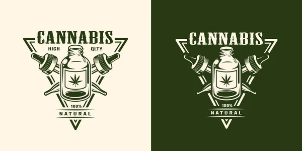 Vintage Monokrom Cannabis Logotyp Med Flaska Hampaolja Och Korsade Pipetter — Stock vektor