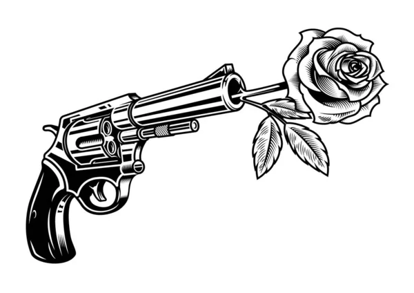 Revolver Met Roos Geïsoleerd Wit Monochrome Stijl Vector Kleurrijke Illustratie — Stockvector