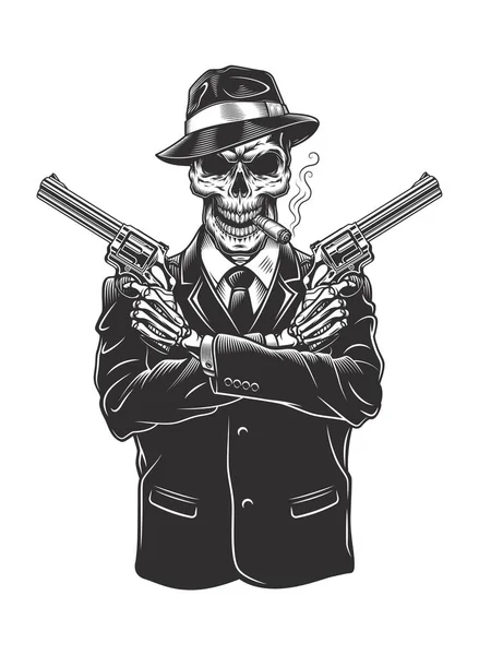 Gángster Esqueleto Con Revólveres Traje Ilustración Vector — Vector de stock