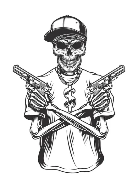 Szkieletowy Gangster Bronią Koszulce Ilustracja Wektora — Wektor stockowy