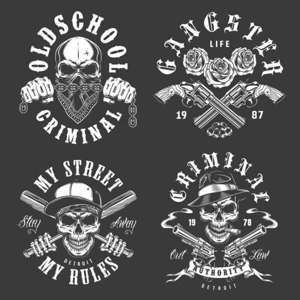 Set of gangster emblems in monochrome style. Vector illustration