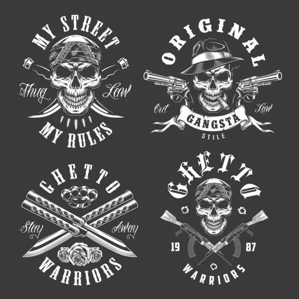 Conjunto Emblemas Gangster Estilo Monocromático Ilustração Vetorial —  Vetores de Stock