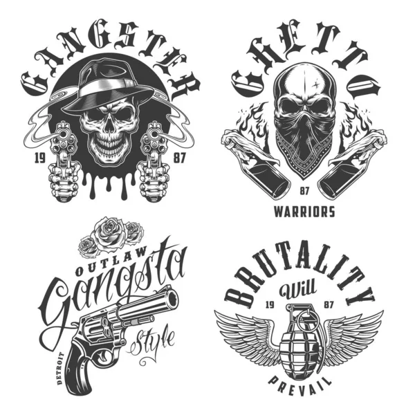 Conjunto Emblemas Gangster Estilo Monocromático Ilustração Vetorial —  Vetores de Stock