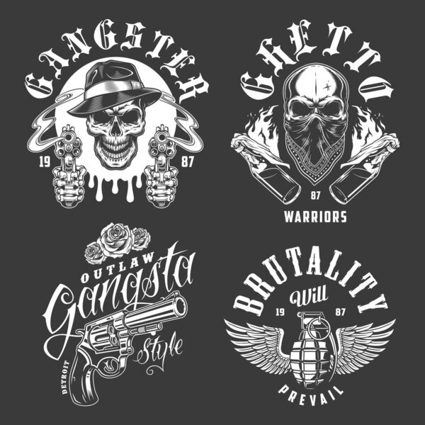 Set of gangster emblems in monochrome style. Vector illustration