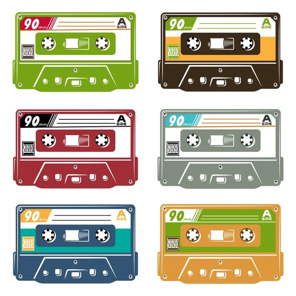 Conjunto Cassette Cinta Diferentes Colores Ilustración Vectorial — Vector de stock