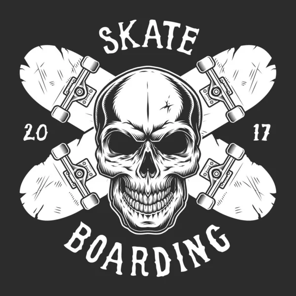 Templat Papan Seluncur Kuno Dengan Tengkorak Dan Skateboard Silang Dengan - Stok Vektor