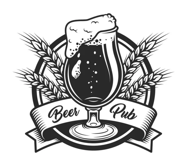 Vintage Bier Pub Label Template Met Glas Alcohol Drank Tarwe — Stockvector
