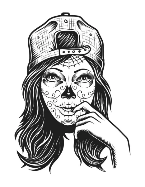 Concepto Chica Muerta Vintage Tattoo Cabello Largo Casquillo Ilustración Vector — Vector de stock