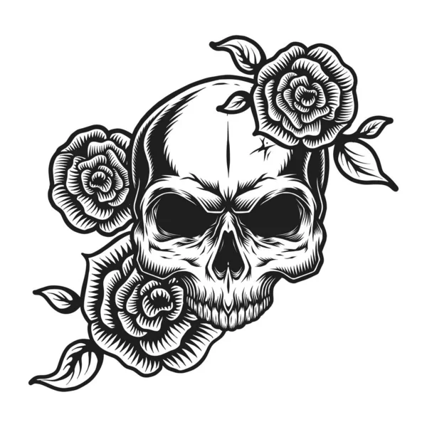 Concepto Tatuaje Cráneo Humano Vintage Con Flores Rosas Ilustración Vectorial — Archivo Imágenes Vectoriales