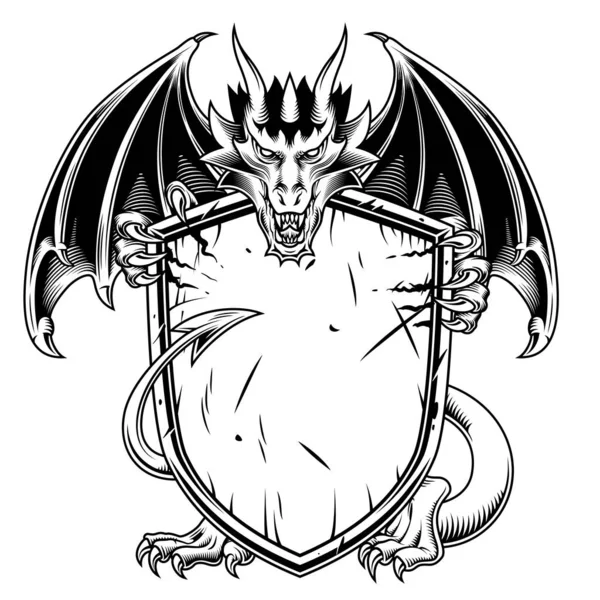 Dragon Fantastique Avec Bouclier Guerrier Illustration Vectorielle — Image vectorielle