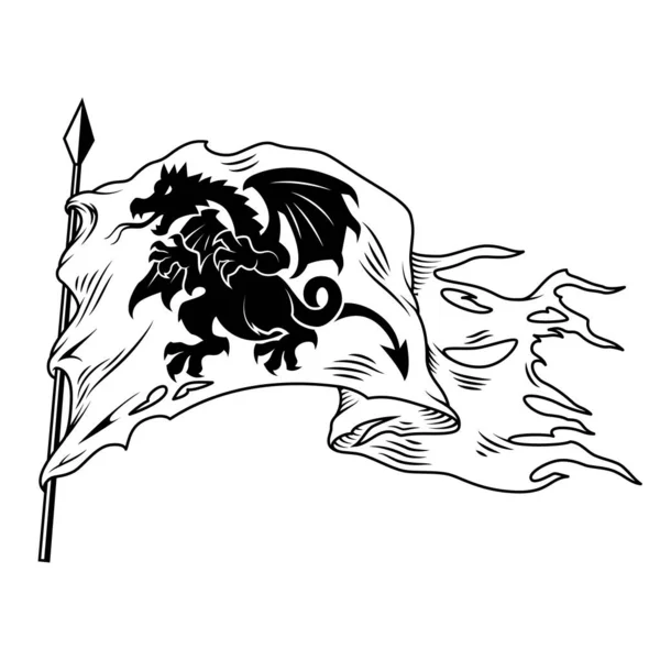Bandiera Monocromatica Con Drago Isolato Bianco Illustrazione Vettore — Vettoriale Stock