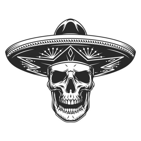 Crâne Chapeau Sombrero Mexicain Illustration Vectorielle Isolée Style Monochrome Vintage — Image vectorielle