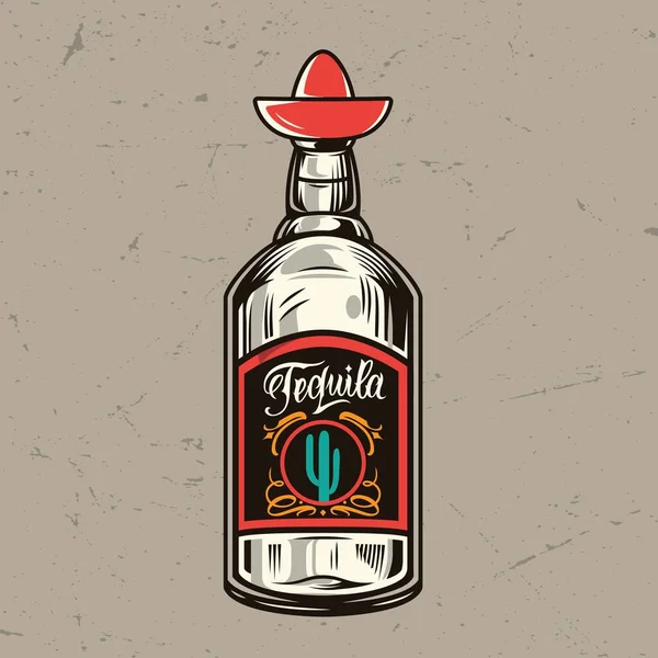 Konsep Botol Tequila Klasik Dengan Bung Dalam Bentuk Sombrero Ilustrasi - Stok Vektor