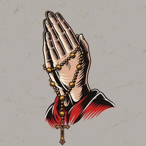 Ιερέας Προσεύχεται Χέρια Κομπολόι Χάντρες Vintage Στυλ Απομονωμένη Διανυσματική Απεικόνιση — Διανυσματικό Αρχείο
