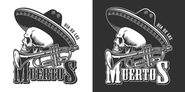 Vintage Mexican Day Dead Emblem Trumpet Skull Sombrero Hat Monochrome - Stok Vektor