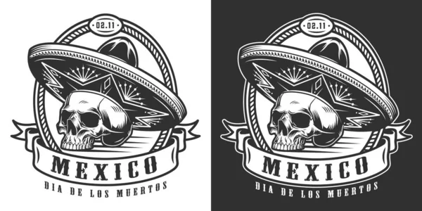 Mexikanska Day Dead Monokrom Logotyp Med Skalle Sombrero Hatt Vintage — Stock vektor