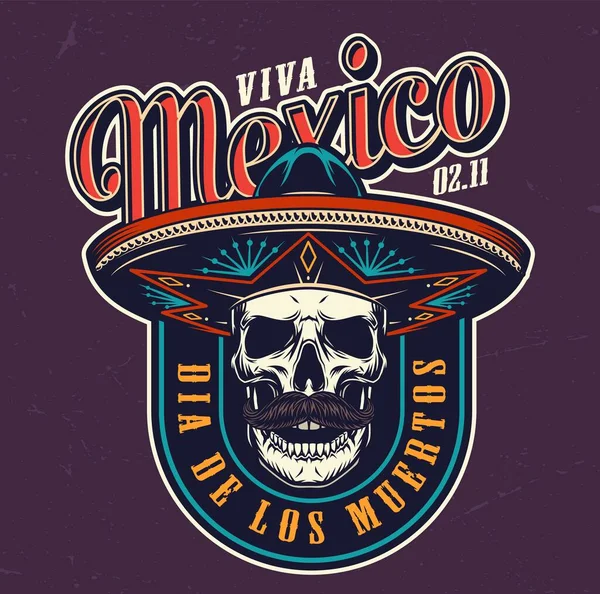Dia Los Muertos Logo Berwarna Warni Dengan Tengkorak Berkumis Topi - Stok Vektor