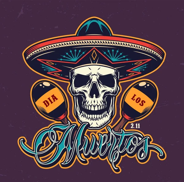 Μεξικάνικη Ημέρα Των Νεκρών Πολύχρωμο Λογότυπο Κρανίο Sombrero Καπέλο Και — Διανυσματικό Αρχείο