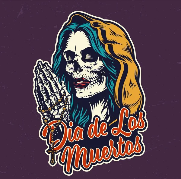 Dia Los Muertos Красочный Значок Головой Мертвой Женщины Капюшоне Молитвенные — стоковый вектор