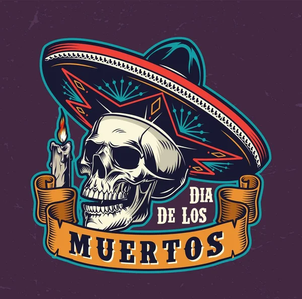 Мексиканский День Мертвых Винтажная Этикетка Черепом Сомбреро Шляпа Горящие Свечи — стоковый вектор