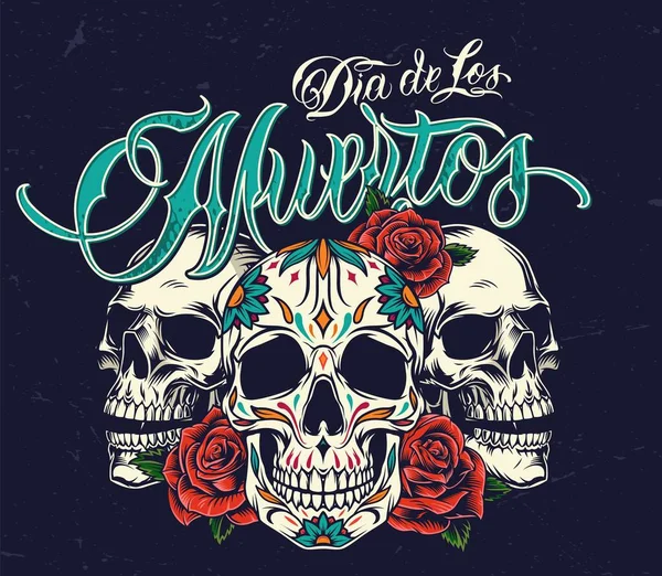 Dia Los Muertos Πολύχρωμο Έννοια Κεφάλια Ζάχαρης Και Τριαντάφυλλο Λουλούδια — Διανυσματικό Αρχείο