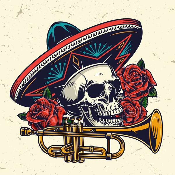 Dia Los Muertos Färgstarka Koncept Med Mässing Trumpet Rosor Och — Stock vektor