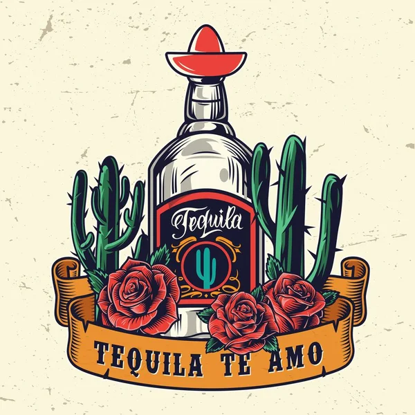 Vintage Mexikanische Bunte Vorlage Mit Band Tequila Flasche Kakteen Und — Stockvektor