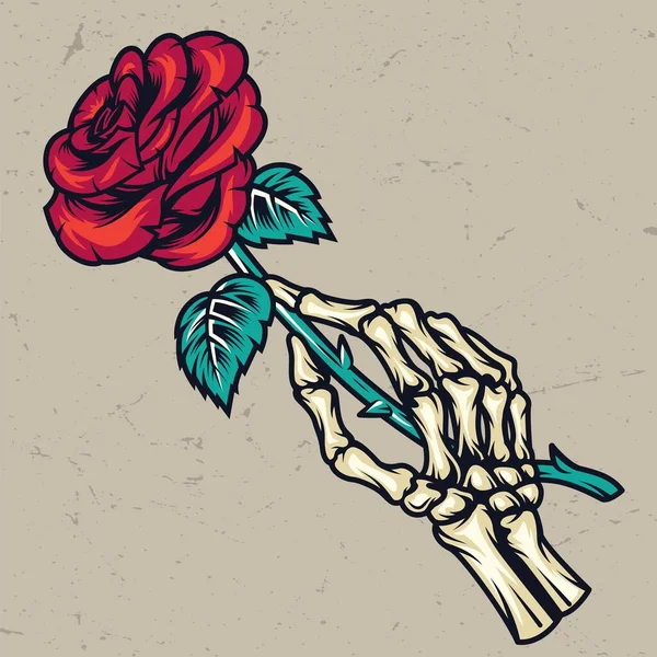 Красочные Руки Скелета Красивой Розой Винтажном Стиле Изолированные Векторные Иллюстрации — стоковый вектор