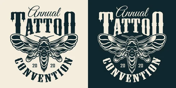 Salón Tatuajes Vintage Impresión Monocromática Con Espeluznante Polilla Cabeza Muerte — Vector de stock