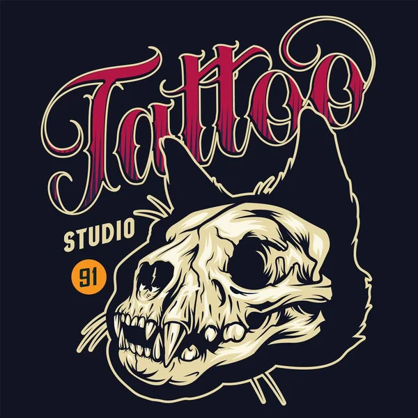 Vintage Tatuering Studio Färgglada Emblem Med Katt Skalle Svart Bakgrund — Stock vektor
