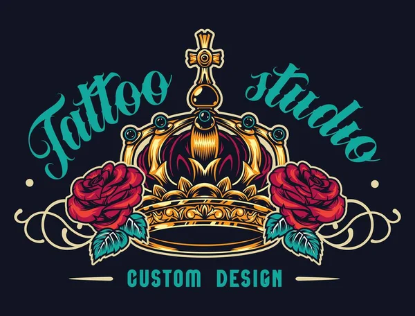Färgglada Tatuering Salong Logotyp Med Utsmyckad Kunglig Krona Och Vackra — Stock vektor
