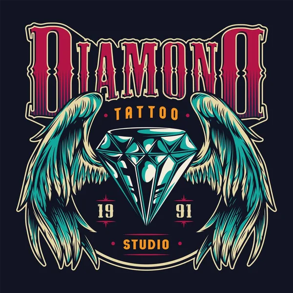 Vintage Tatuaje Salón Colorido Emblema Con Brillante Diamante Con Alas — Vector de stock