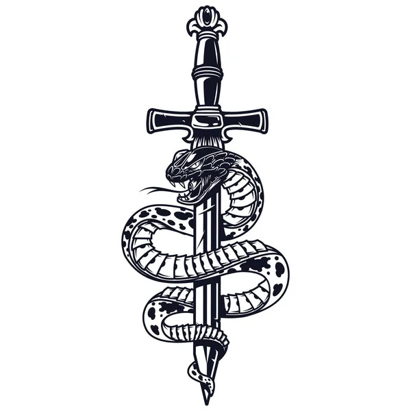 Vintage Tatouage Concept Monochrome Avec Serpent Est Enroulé Autour Dague — Image vectorielle