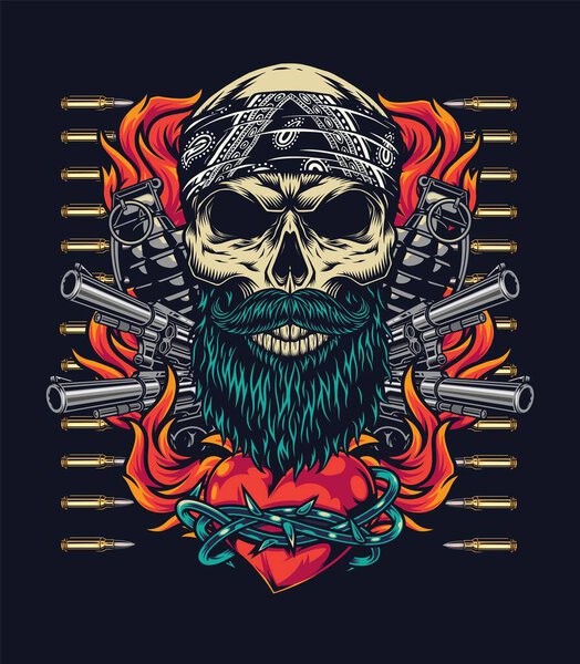 Colorful tattoo vintage template with skull in bandana guns bullets grenades and fiery heart in barbed wire on dark background isolated vector illustration