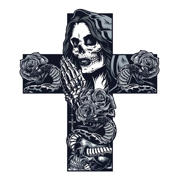 Vintage Chicano Cross Shaped Tattoo Concept Praying Skeleton Hands Holding — Stock Vector