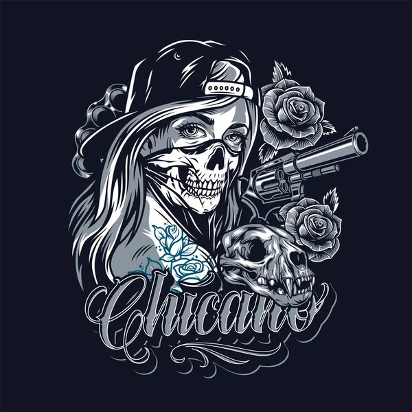 Plantilla Tatuaje Estilo Chicano Vintage Con Pistola Cráneo Gato Hermosas — Archivo Imágenes Vectoriales