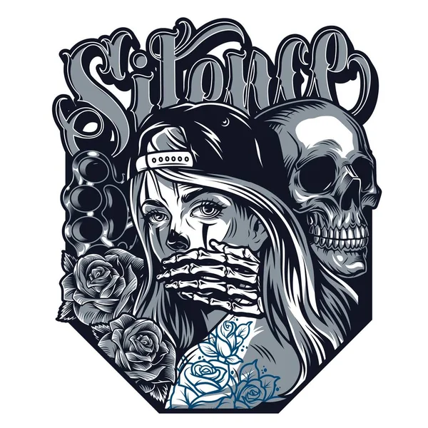 Concepto Estilo Tatuaje Chicano Con Inscripción Silencio Nudillos Latón Rosas — Vector de stock