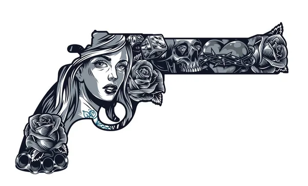 Винтажная Концепция Татуировки Чикано Форме Пистолета Красивой Девушкой Розы Костяшки — стоковый вектор