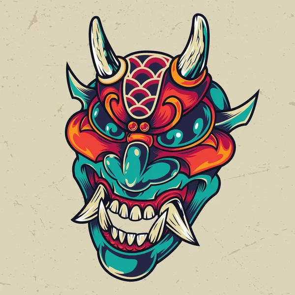 Vintage Cabeza Diablo Colorido Con Cuernos Colmillos Ilustración Vectorial Aislado — Vector de stock