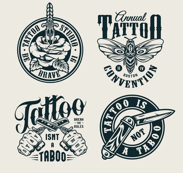 Винтажные Логотипы Студии Татуировки Розой Пронзенной Ножом Карманный Нож Бабочки — стоковый вектор