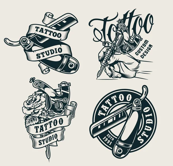 Винтажные Отпечатки Студии Татуировки Прямыми Бритвами Розовые Мужские Руки Держащие — стоковый вектор