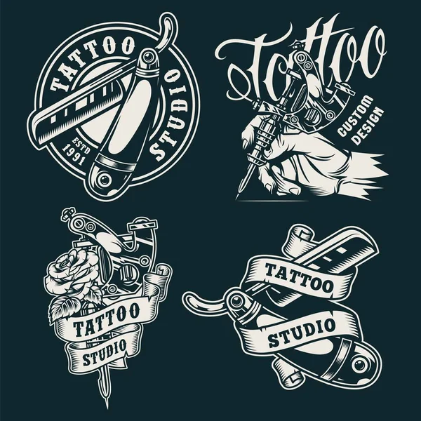 Ročník Monochromatické Tetování Salon Odznaky Mistrem Ruční Držení Tetování Stroj — Stockový vektor