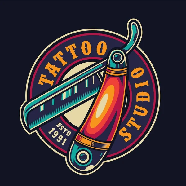 Logotipo Colorido Del Estudio Del Tatuaje Con Navaja Afeitar Recta — Vector de stock